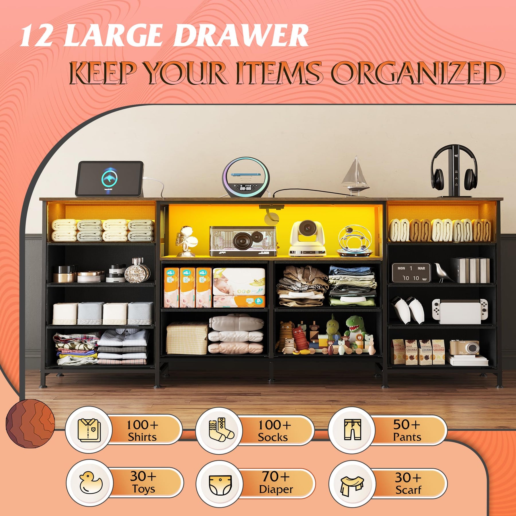 WLIVE LED Dresser TV Stand for 65 Inch TV, 8 Drawers, Rustic Brown