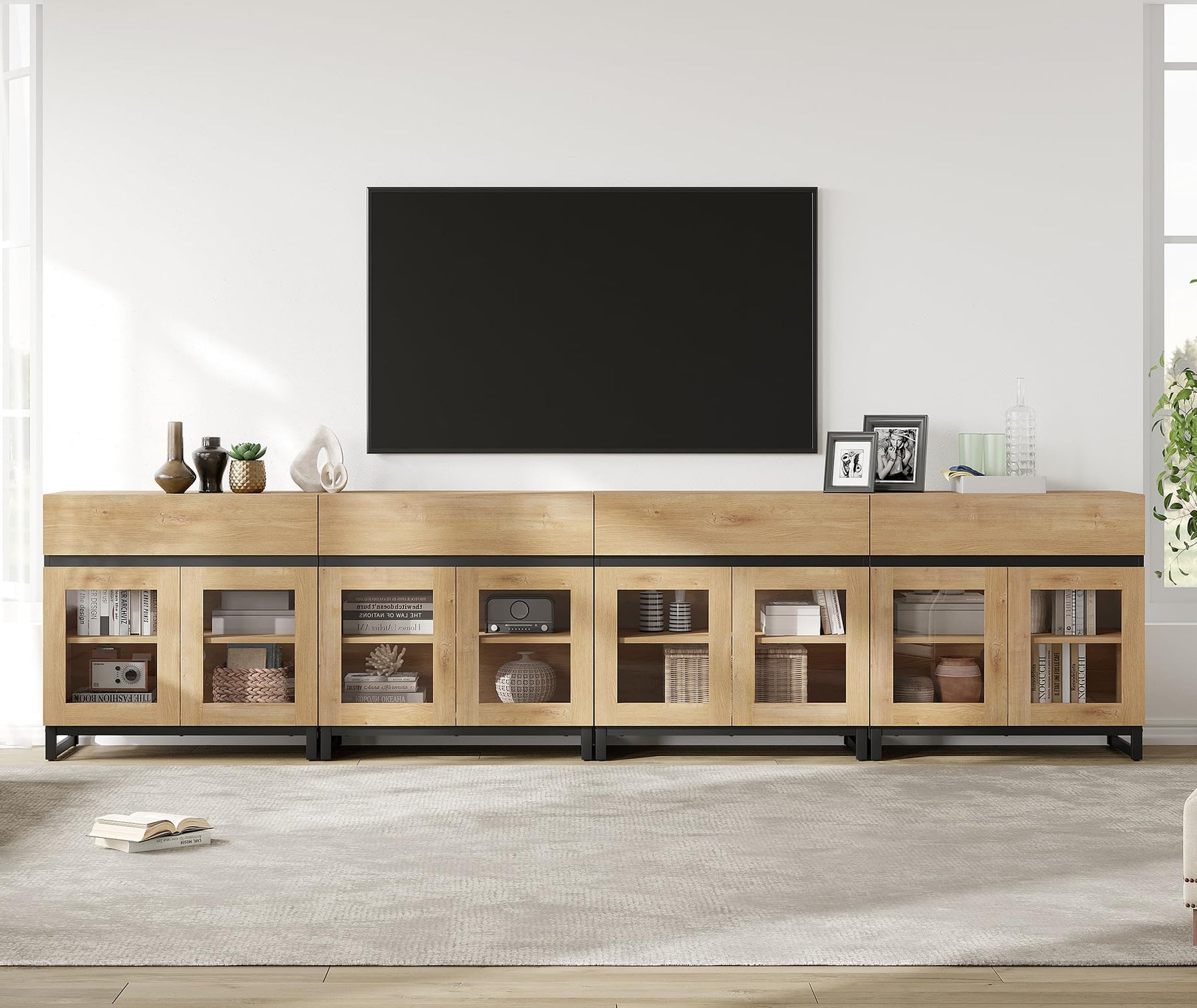 WAMPAT Modern TV Stand with Glass Doors for 80-120 inch TVs, 4 in 1 Entertainment Center Console with 4 Drawers and Metal Base for Living Room, Bedroom, Brown