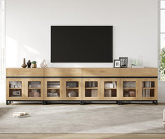 WAMPAT Modern TV Stand with Glass Doors for 80-120 inch TVs, 4 in 1 Entertainment Center Console with 4 Drawers and Metal Base for Living Room, Bedroom, Brown