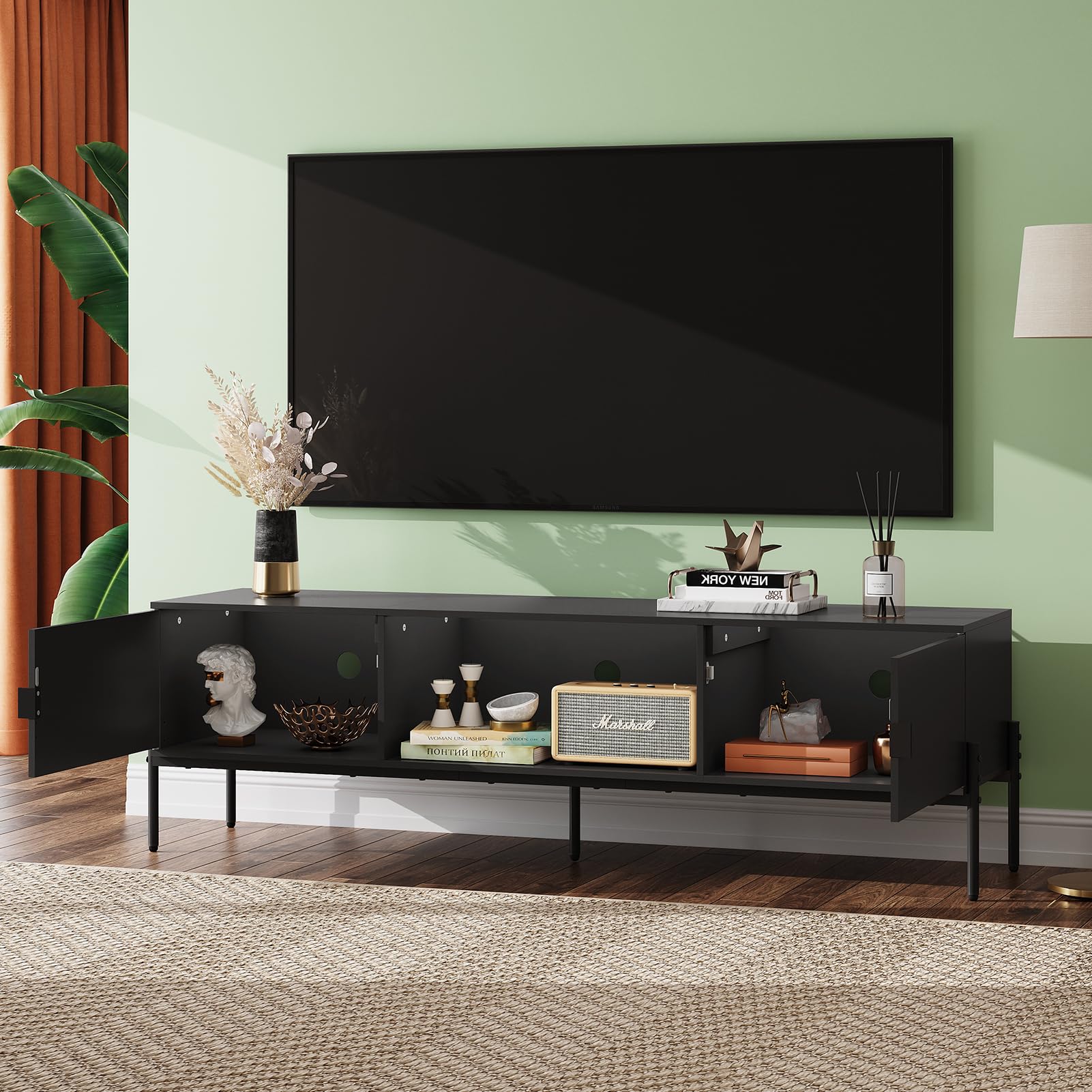 WLIVE 58" TV Stand for 65 Inch TVs, Mid Century Modern Entertainment Center with 2 Storage Cabinets & Open Shelf, Media Console Table with Metal Legs for Living Room, Bedroom, Rustic Brown