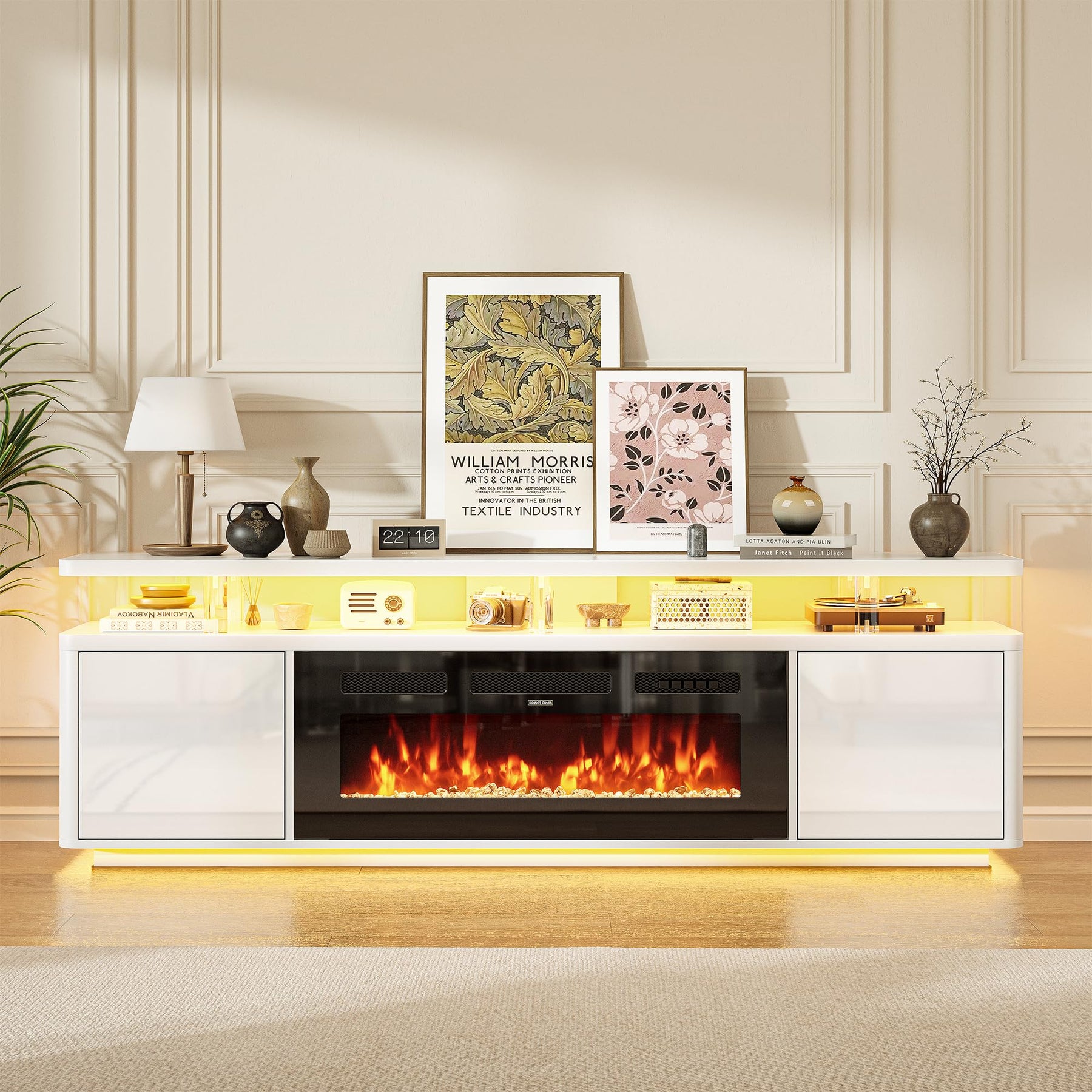OneBlis 70" Fireplace TV Stand with Double LED Lights for TVs UP to 80", Electric Fireplace Entertainment Center with Storage Cabinets, TV Console for Living Room, Office, Black1