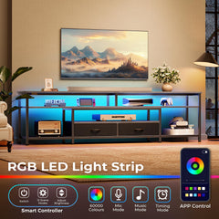 Huuger 63 Inch LED TV Stand for 65 70 Inch TV, Entertainment Center with Open Shelves and Power Outlets, TV Console for Living Room, Media Console with Drawers, Black