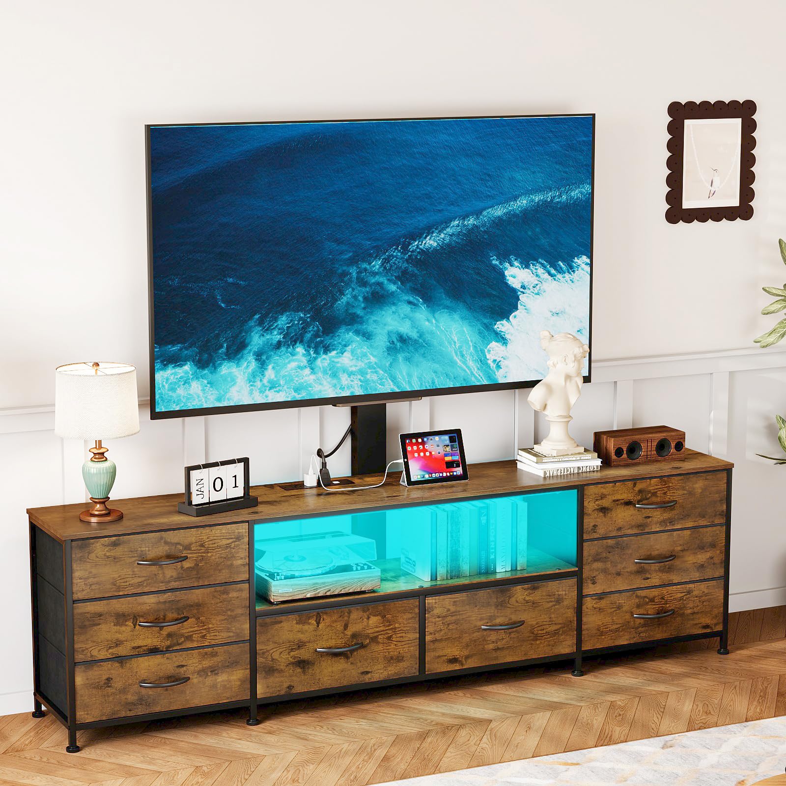 Welfuturer 70.8" W TV Stand with Mount and Power Outlet for 65/70/75/80 Inch TV, Farmhouse Entertainment Center with 8 Fabric Drawers, LED Lights and Open Storage Shelves for Living Room