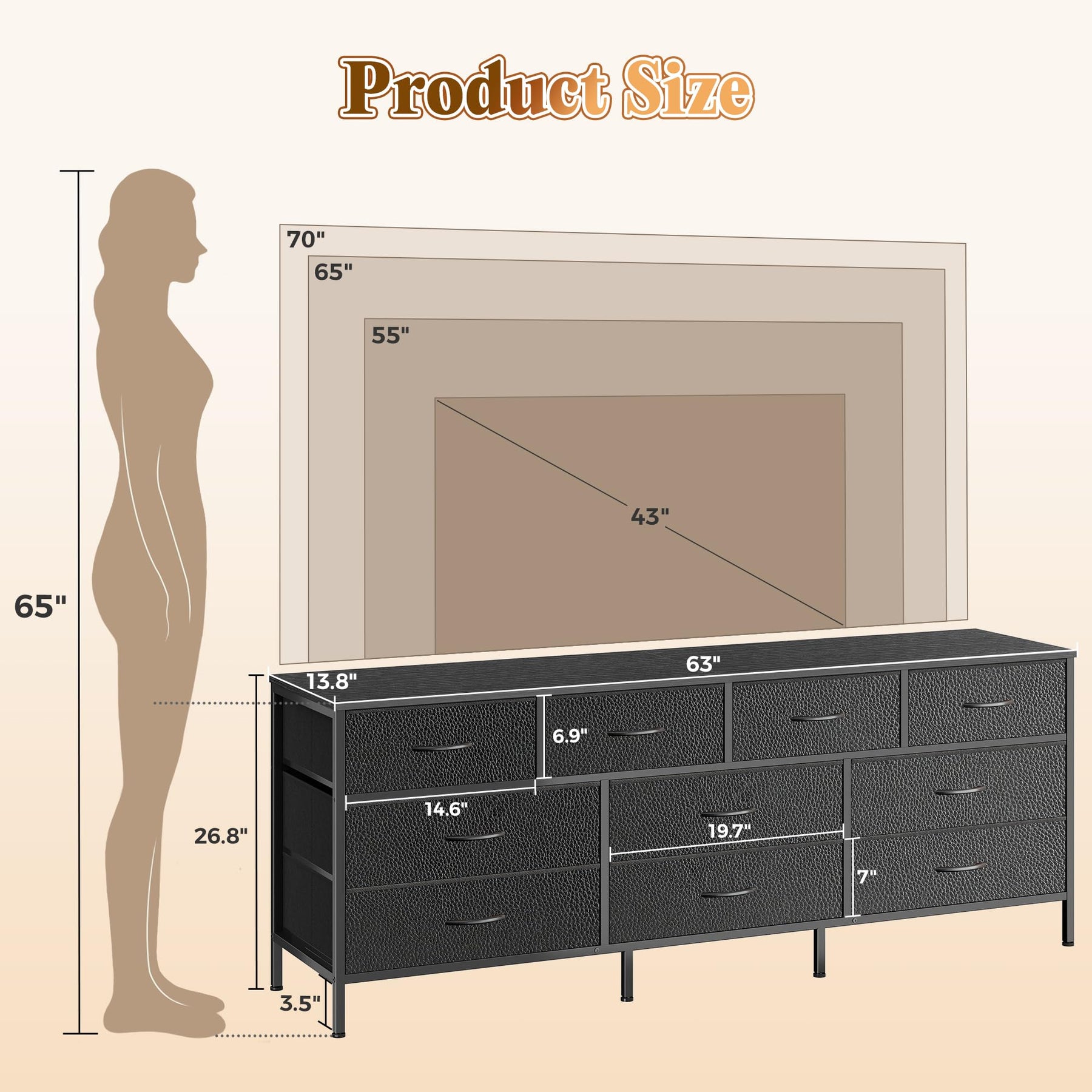 Huuger 63 Inch Dresser for Bedroom, Long Dresser with 10 Fabric Drawers, TV Stand for 55, 65, 70 Inch TV, Toy Storage Organizer for Closet, Rustic Brown