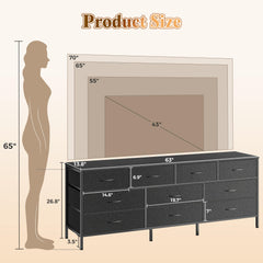 Huuger 63 Inch Dresser for Bedroom, Long Dresser with 10 Fabric Drawers, TV Stand for 55, 65, 70 Inch TV, Toy Storage Organizer for Closet, Rustic Brown