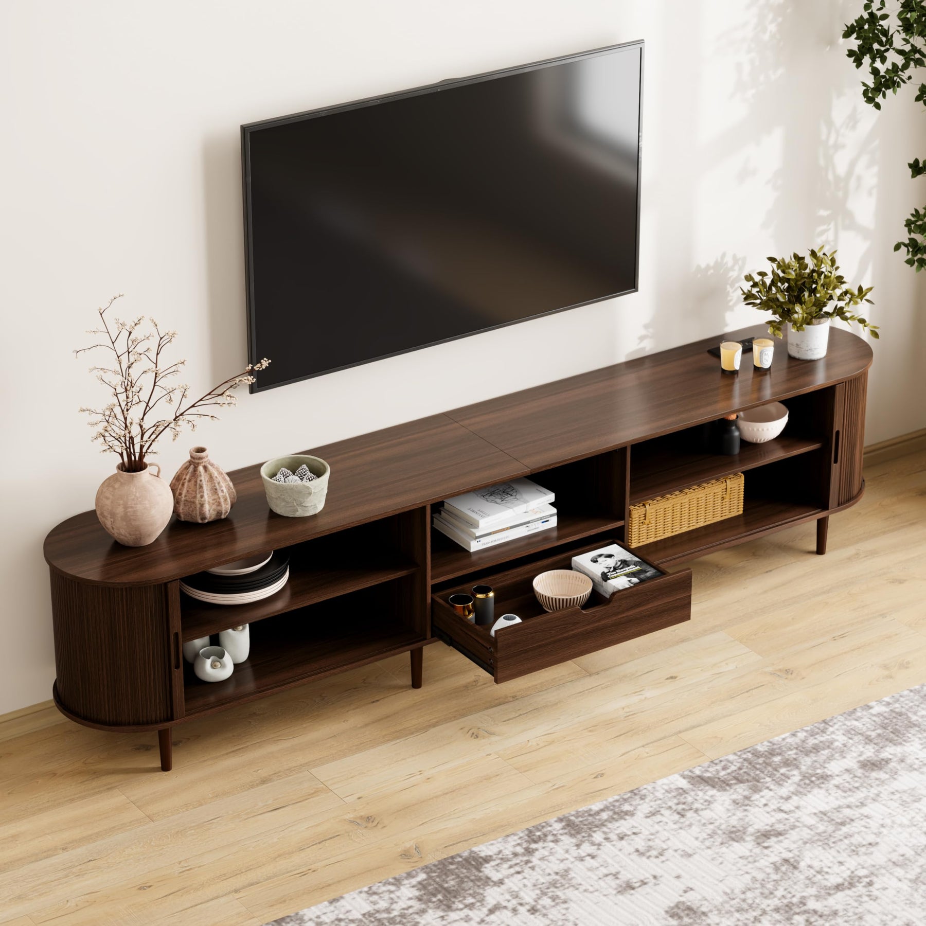 DHH 86.6" Fluted TV Stand with Power Outlet for TVs up to 90", TV Console with Adjustable Shelves and Sliding Door,Mid Century Modern Entertainment Center for Living Room,Bedroom (Walnut)