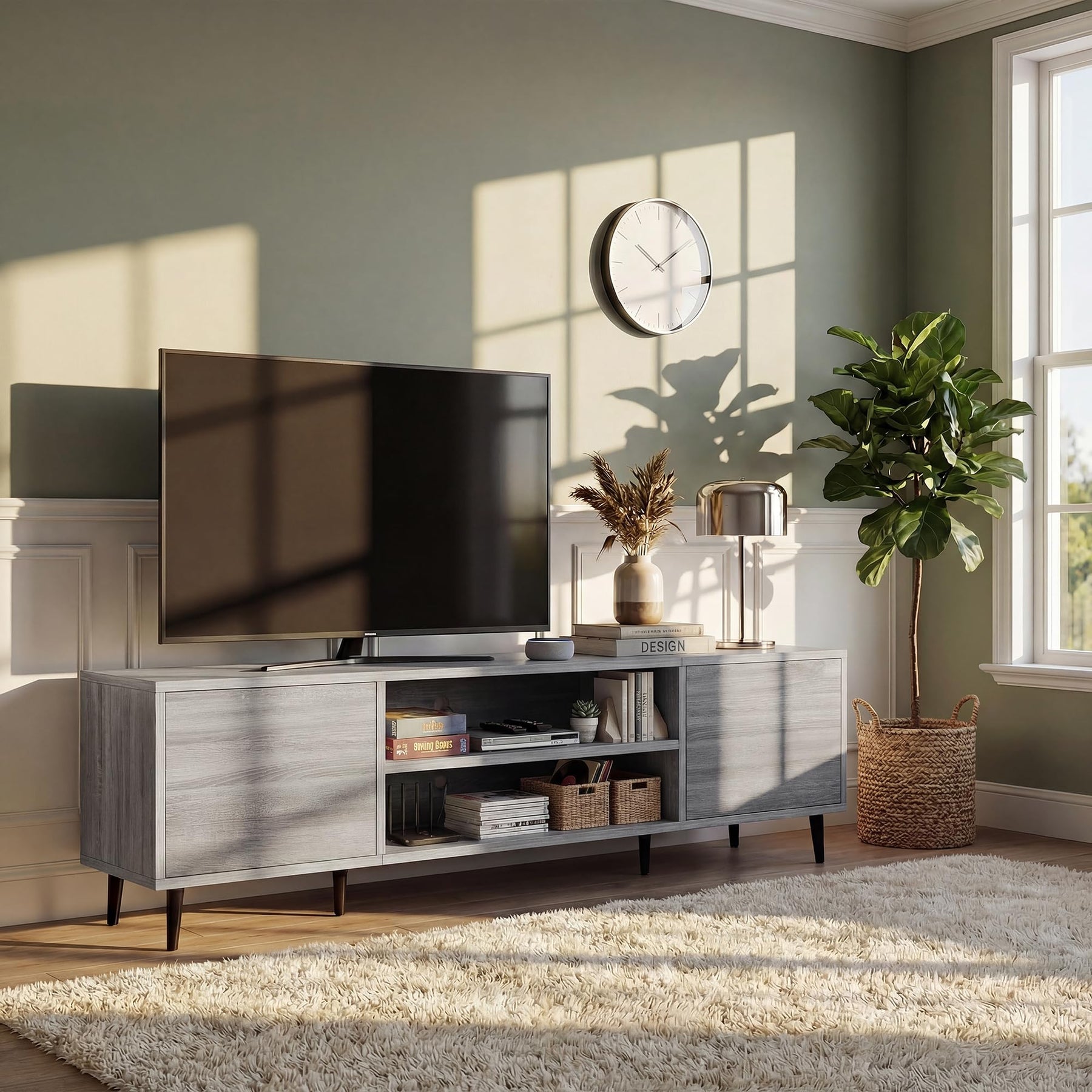 YESHOMY Mid-Century Modern TV Stand, 58 Inch, Light Grey