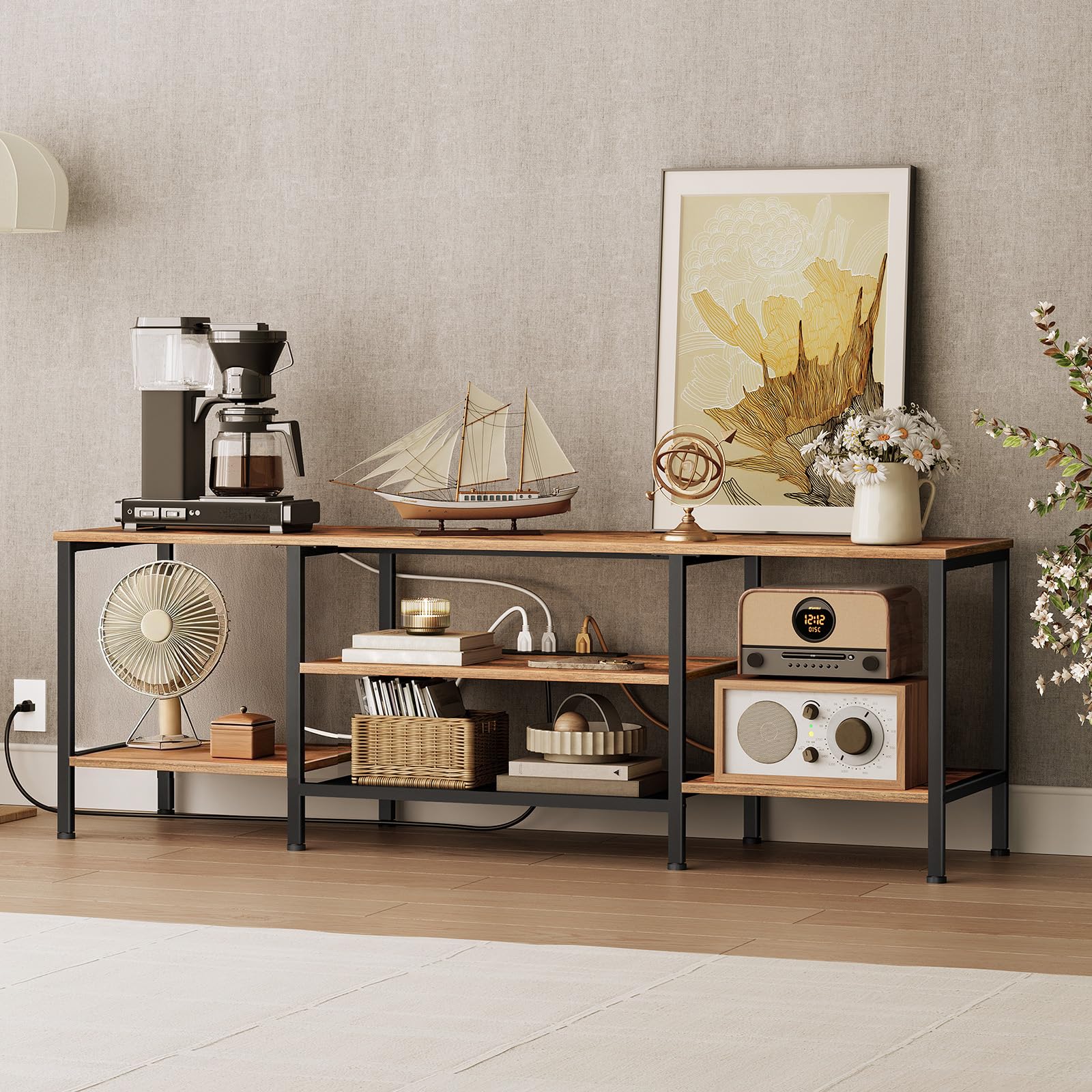 HOOBRO TV Stand with Power Outlets to 75 Inches, TV Console Table with Open Storage Shelves Cabinet, Industrial Media Entertainment Center for Living Room Bedroom, Rustic Brown and Black BF80DS01