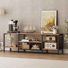 HOOBRO TV Stand with Power Outlets to 75 Inches, TV Console Table with Open Storage Shelves Cabinet, Industrial Media Entertainment Center for Living Room Bedroom, Rustic Brown and Black BF80DS01