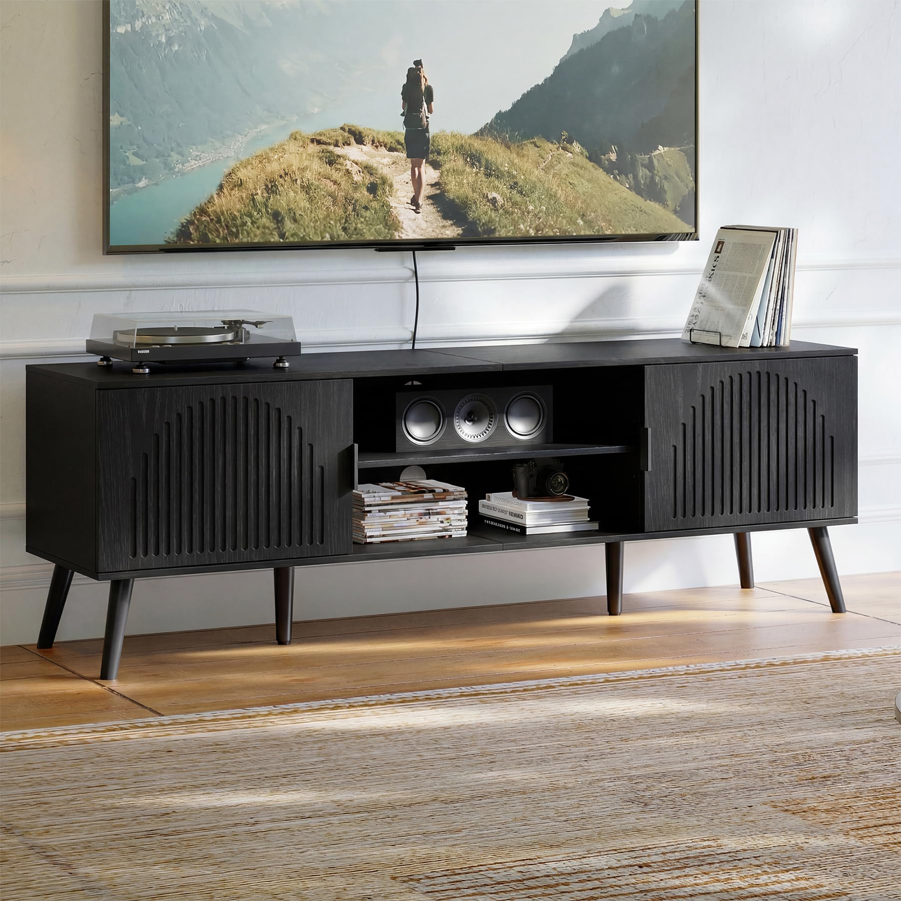 ChooChoo TV Stand with Open Shelves for 65 Inch TVs, Mid Century