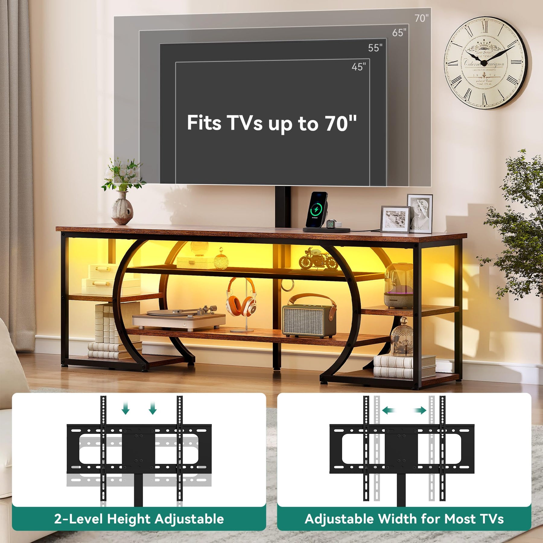 YITAHOME TV Stand for 65/70 Inch TV, LED TV Stands for Living Room w/Power Outlets, Entertainment Center with Storage, Wood Television Stand, TV Console Table, Rustic Brown