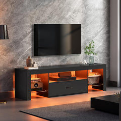 HOOBRO LED TV Stand with Power Outlets to 65 inch TV, Gaming Entertainment Center with Glass Shelves and Large Drawer, Modern Media TV Console Table for Living Room Bedroom, White WT14UDDS01
