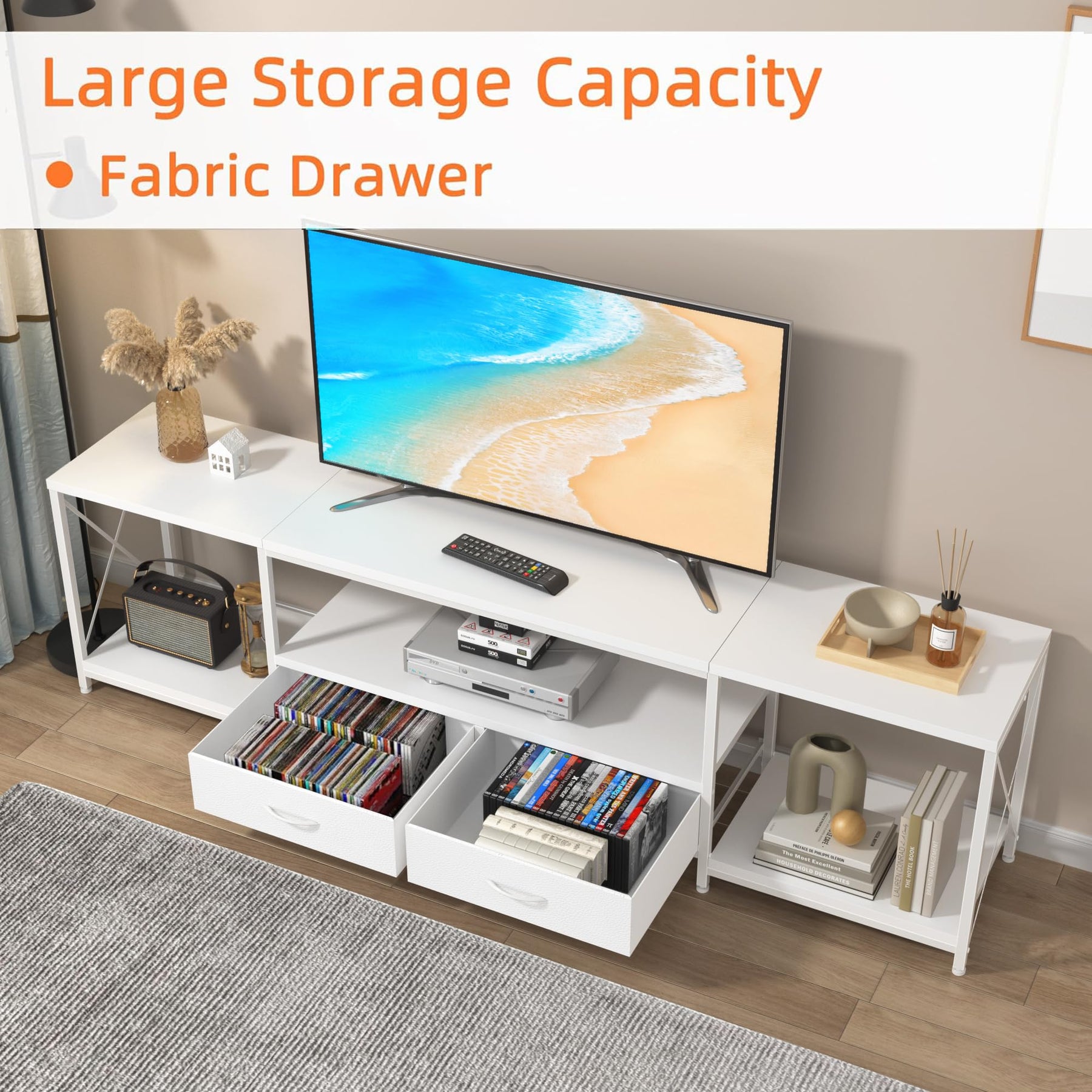 GYIIYUO TV Stand with Fabric Drawer - Entertainment Center and Industrial TV Console Table with Open Storage Shelves for Living Room, Bedroom - 55.1" Rustic Brown