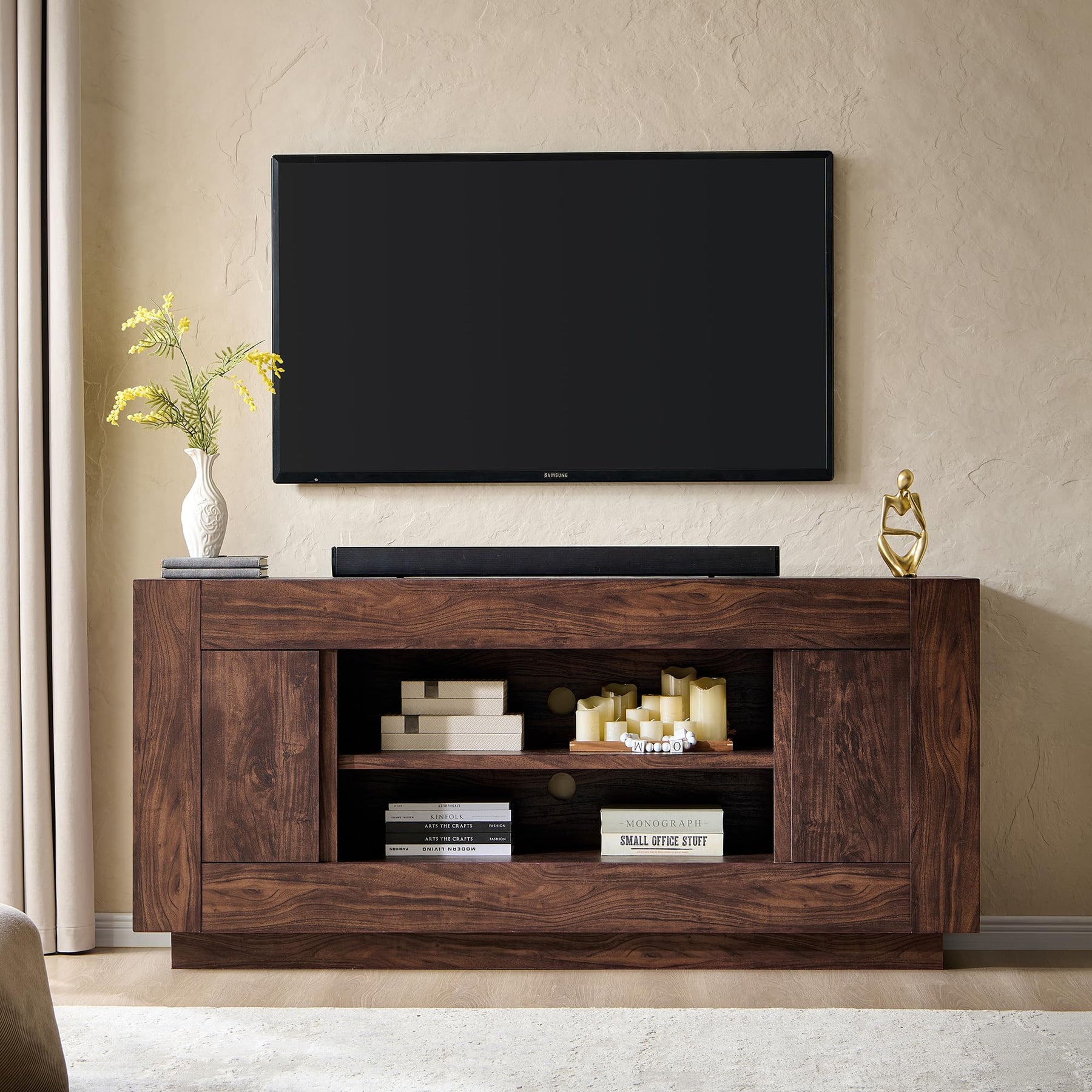 OKD 70" TV Stand for 80" TV, Thick Block Media Console, Antique White
