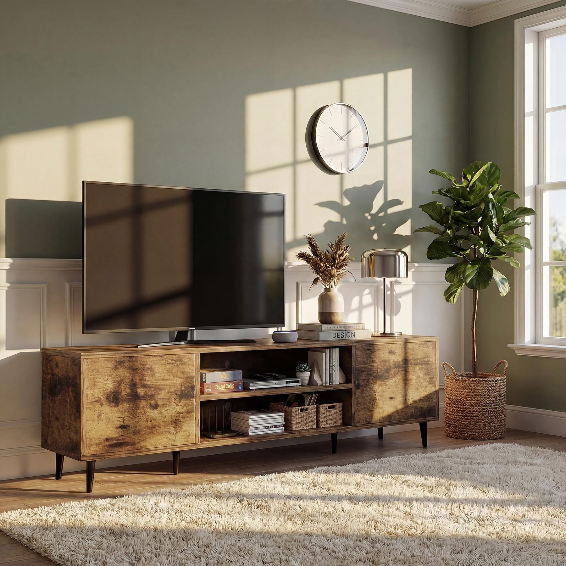 YESHOMY Mid-Century Modern TV Stand, 58 Inch, Light Grey