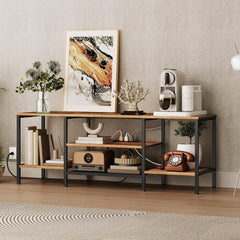 HOOBRO TV Stand with Power Outlets to 75 Inches, TV Console Table with Open Storage Shelves Cabinet, Industrial Media Entertainment Center for Living Room Bedroom, Rustic Brown and Black BF80DS01