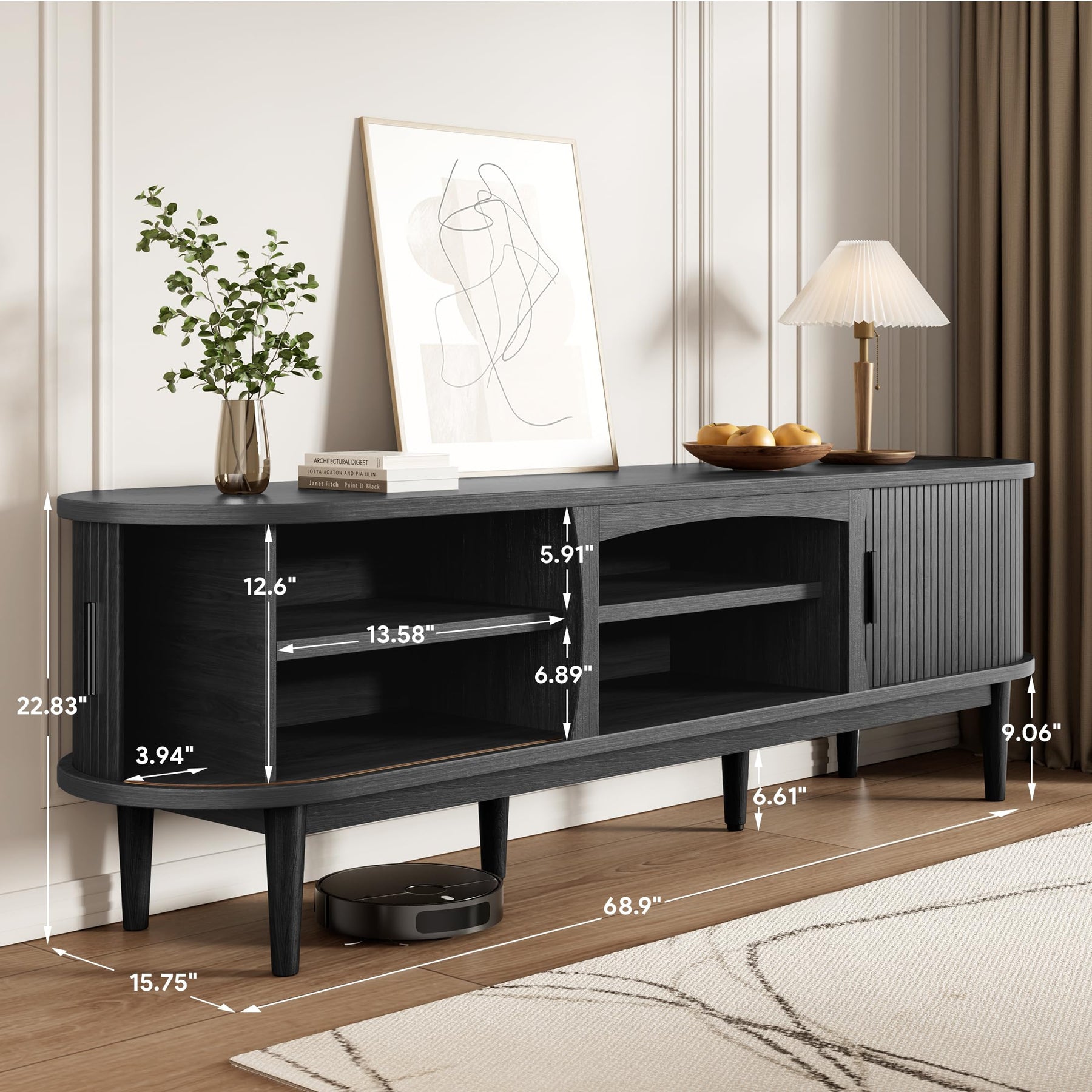Decofy Mid Century TV Stand for TVs up to 80 Inches, Entertainment Center with Storage, Power Outlet, Fluted Sliding Doors & Adjustable Shelves, Modern Media TV Console Table for Living Room (Walnut)