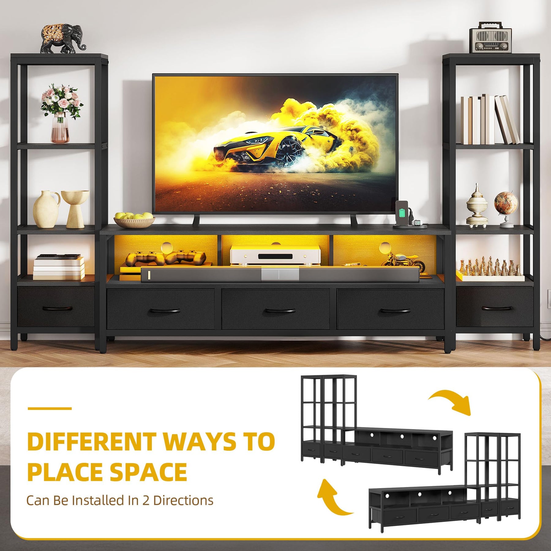 DWVO Industrial LED TV Stand for 65 Inch TVs, Entertainment Center with 2 4-Tier Bookshelves & Power Outlets, Media Console Table with 5 Drawers & Open Storage for Living Room, Grey