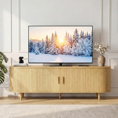 OneBlis 70" Mid Century Modern TV Stand, Wood TV Consoles with Sliding Doors and Power Outlet, Entertainment Center with Adjustable Shelves, Fluted TV Stands for Living Room, Walnut