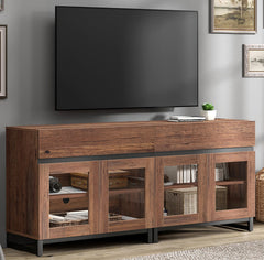 WAMPAT Modern TV Stand with Glass Doors for 80-120 inch TVs, 4 in 1 Entertainment Center Console with 4 Drawers and Metal Base for Living Room, Bedroom, Brown