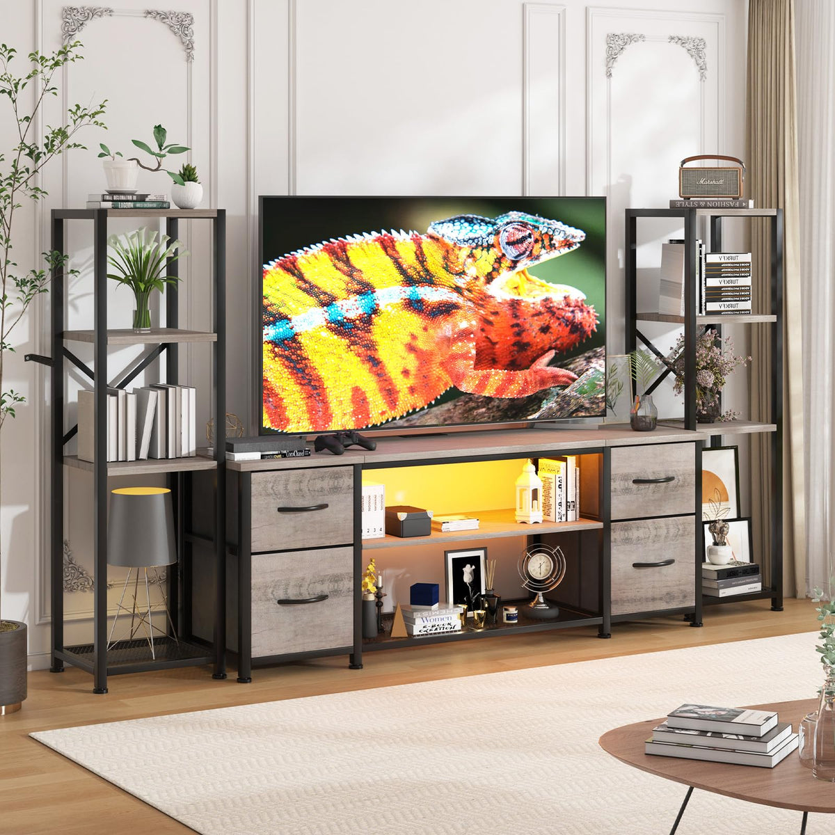 LED TV Stand Entertainment Center Bookshelf Combo with Charging Station