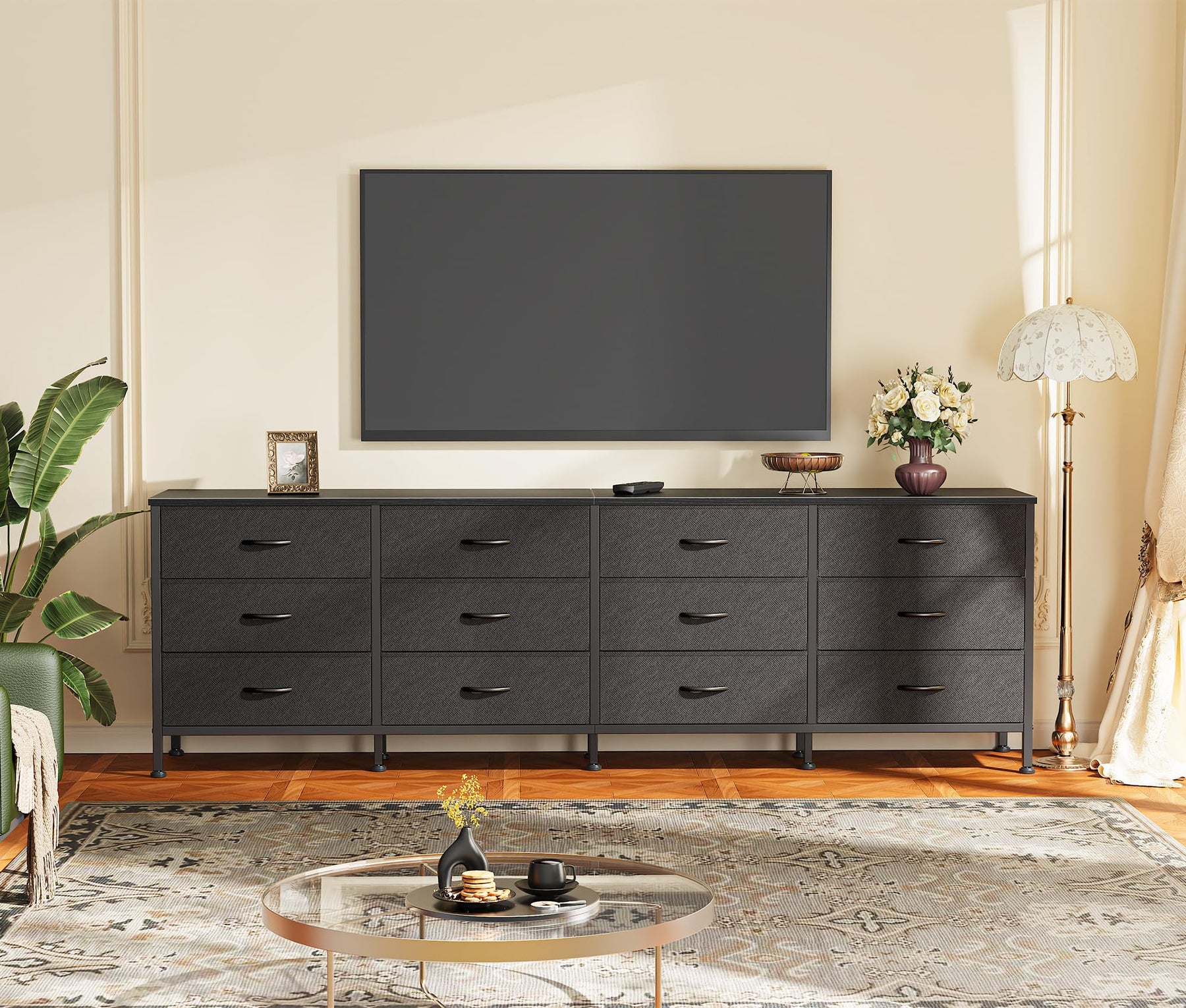 Huuger 70 Inch Dresser for Bedroom, TV Stand for 65, 75, 80 Inch TV, 12 Fabric Drawer Long Dresser, Large Entertainment Center for Bedroom, Wide Chest of Drawer with Storage, Rustic Brown