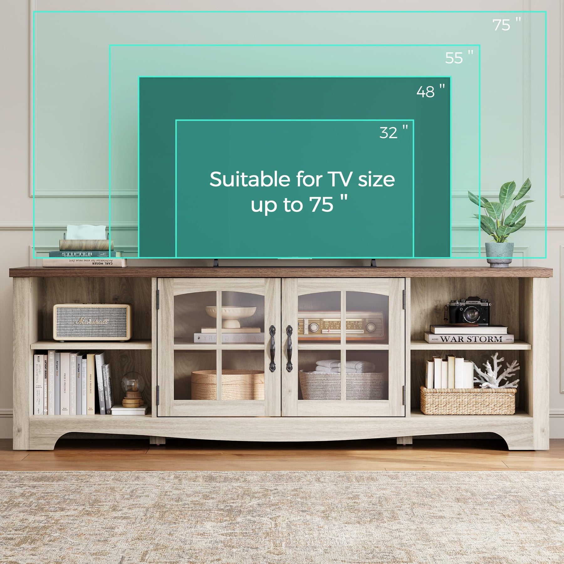 LINSY HOME Farmhouse TV Stand for 65 Inch TV, Wood Entertainment Center with Glass Door Storage Cabinet & Adjustable Shelves, Large Sturdy TV Console Table for Living Room Bedroom