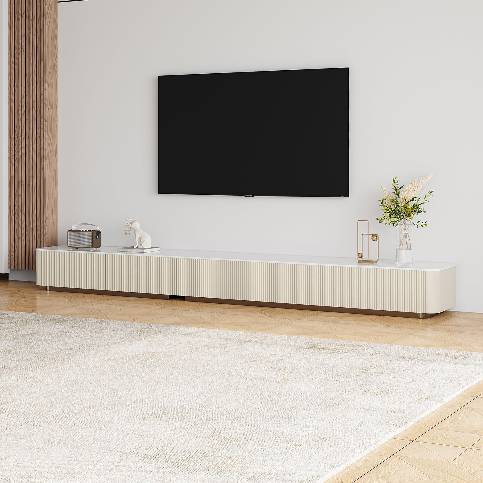 94.5" Fully Assembled TV Console, White TV Stand with Sintered Stone Top