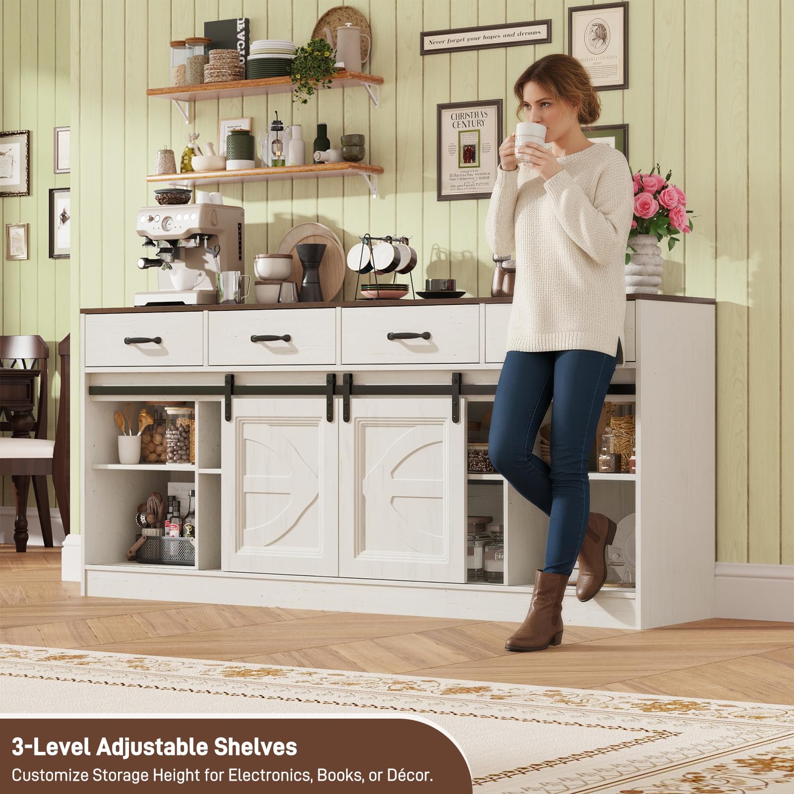 70" Large Farmhouse Tall TV Stand for 85/80/75/70 Inch TVs,4 Drawers,Brown