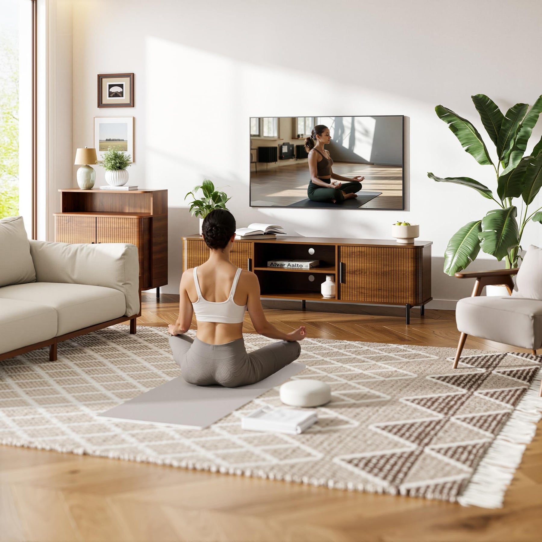 SUNCOZE 70" Mid-Century Fluted TV Stand with Storage up to 80 Inch, Walnut