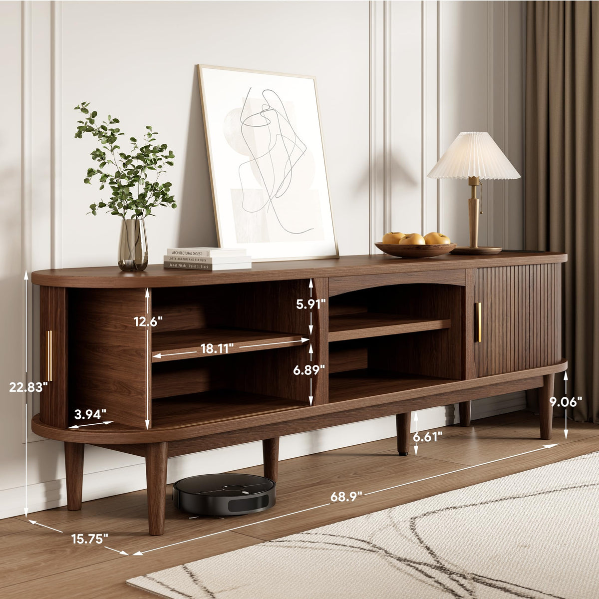 Decofy Mid Century TV Stand for TVs up to 80 Inches, Entertainment Center with Storage, Power Outlet, Fluted Sliding Doors & Adjustable Shelves, Modern Media TV Console Table for Living Room (Walnut)