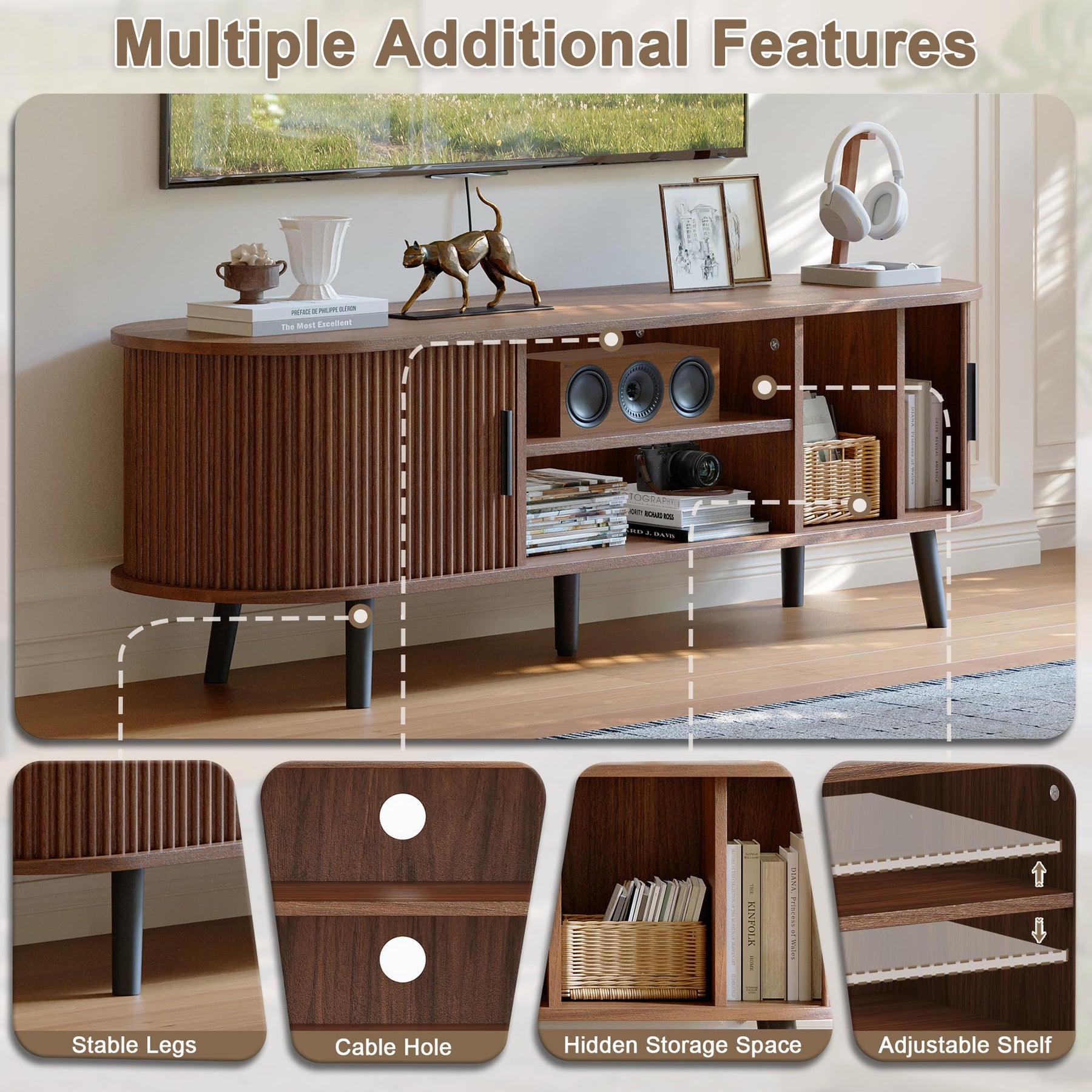 ChooChoo 54" Mid Century Modern TV Stand with Fluted Sliding Doors