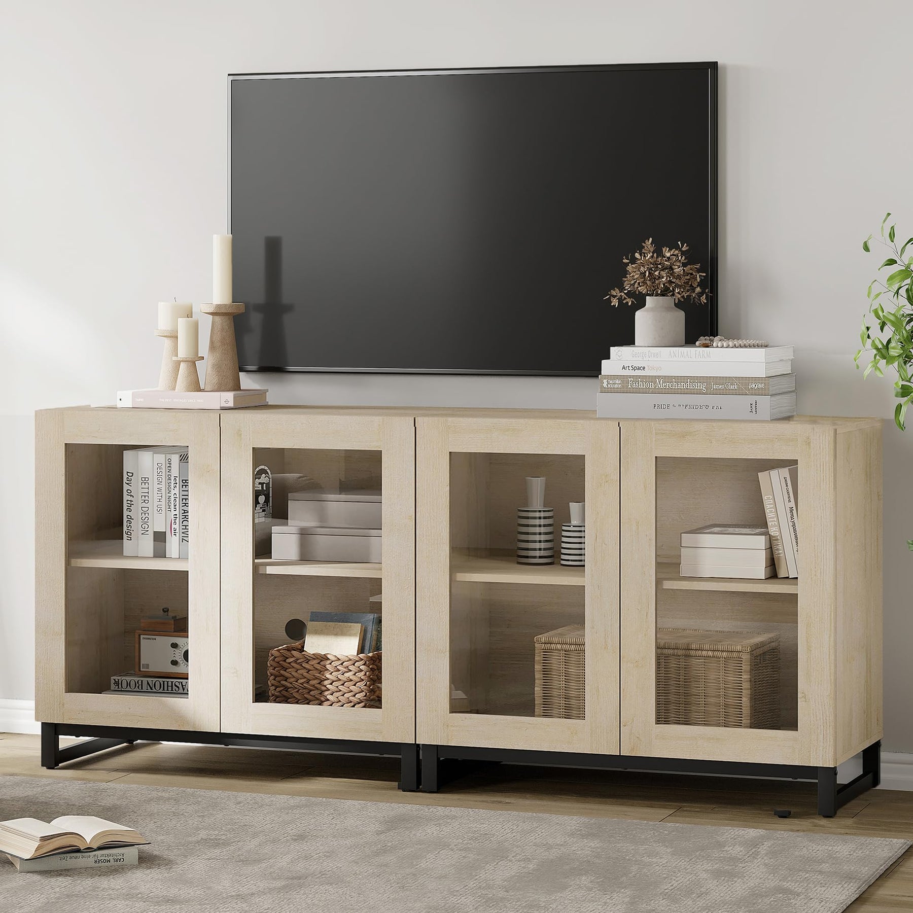 WAMPAT Modern TV Stand with Glass Doors for 80-120 inch TVs, 4 in 1 Entertainment Center Console with 4 Drawers and Metal Base for Living Room, Bedroom, Brown
