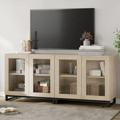 WAMPAT Modern TV Stand with Glass Doors for 80-120 inch TVs, 4 in 1 Entertainment Center Console with 4 Drawers and Metal Base for Living Room, Bedroom, Brown