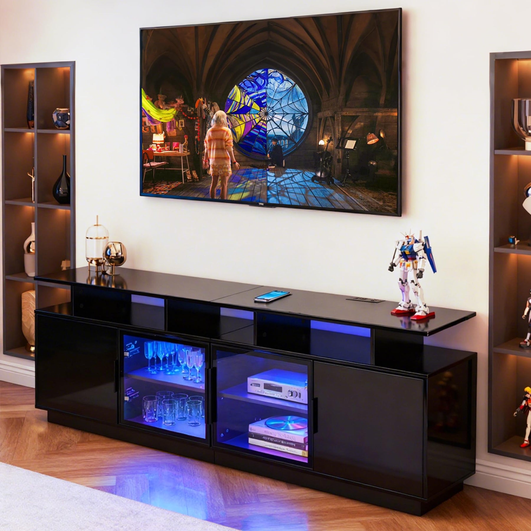 ansefe 70 Inch Black TV Stand for Living Room, LED Entertainment Center for Gaming, Modern TV Cabinet Console, Transparent Glass Door Storage Cabinet