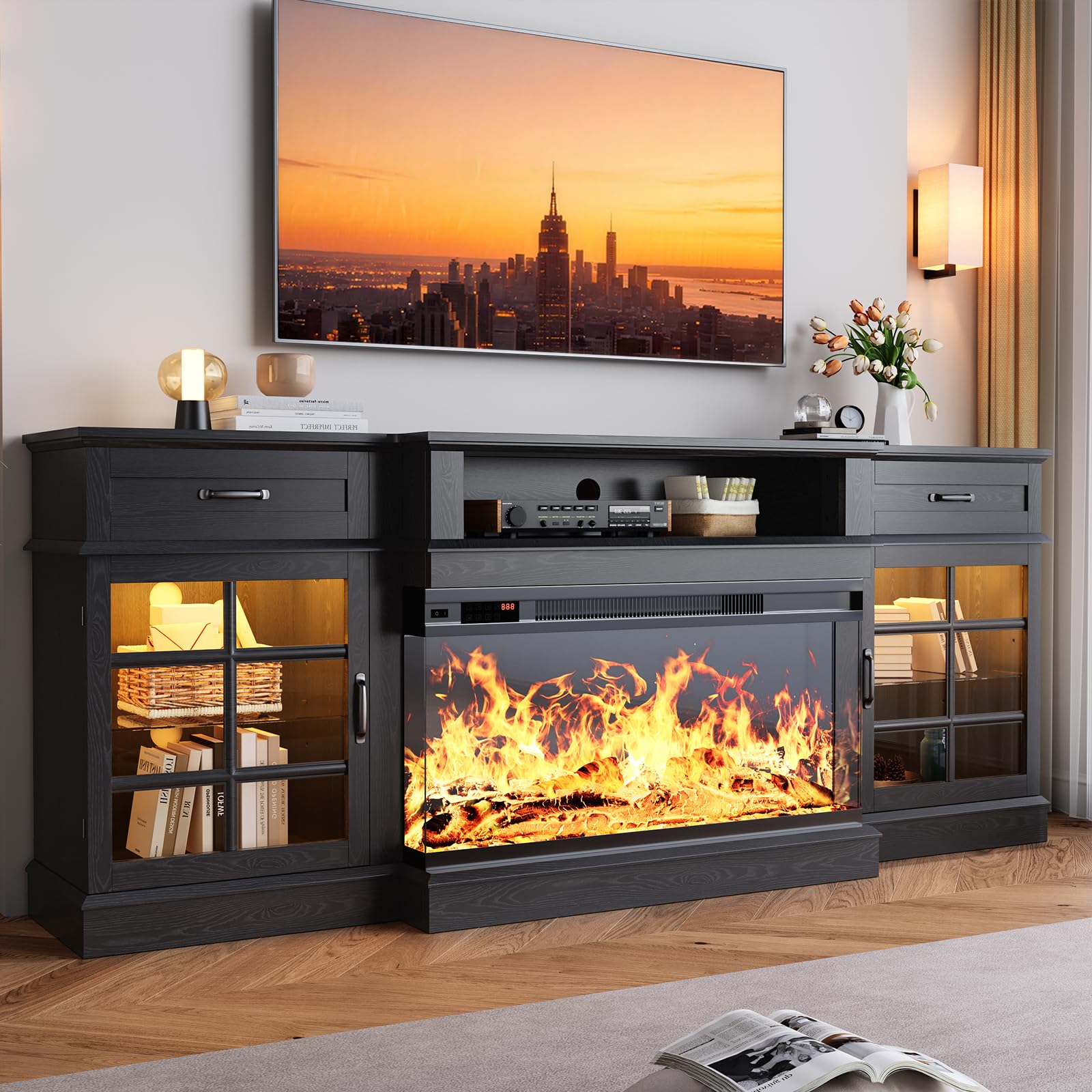 MXV 70" Fireplace TV Stand, 3-Sided Glass Fireplace and Modern Entertainment Center, Wooden Media Console with Glass Doors & Storage Drawers, LED Light, for Living Room, Antique White
