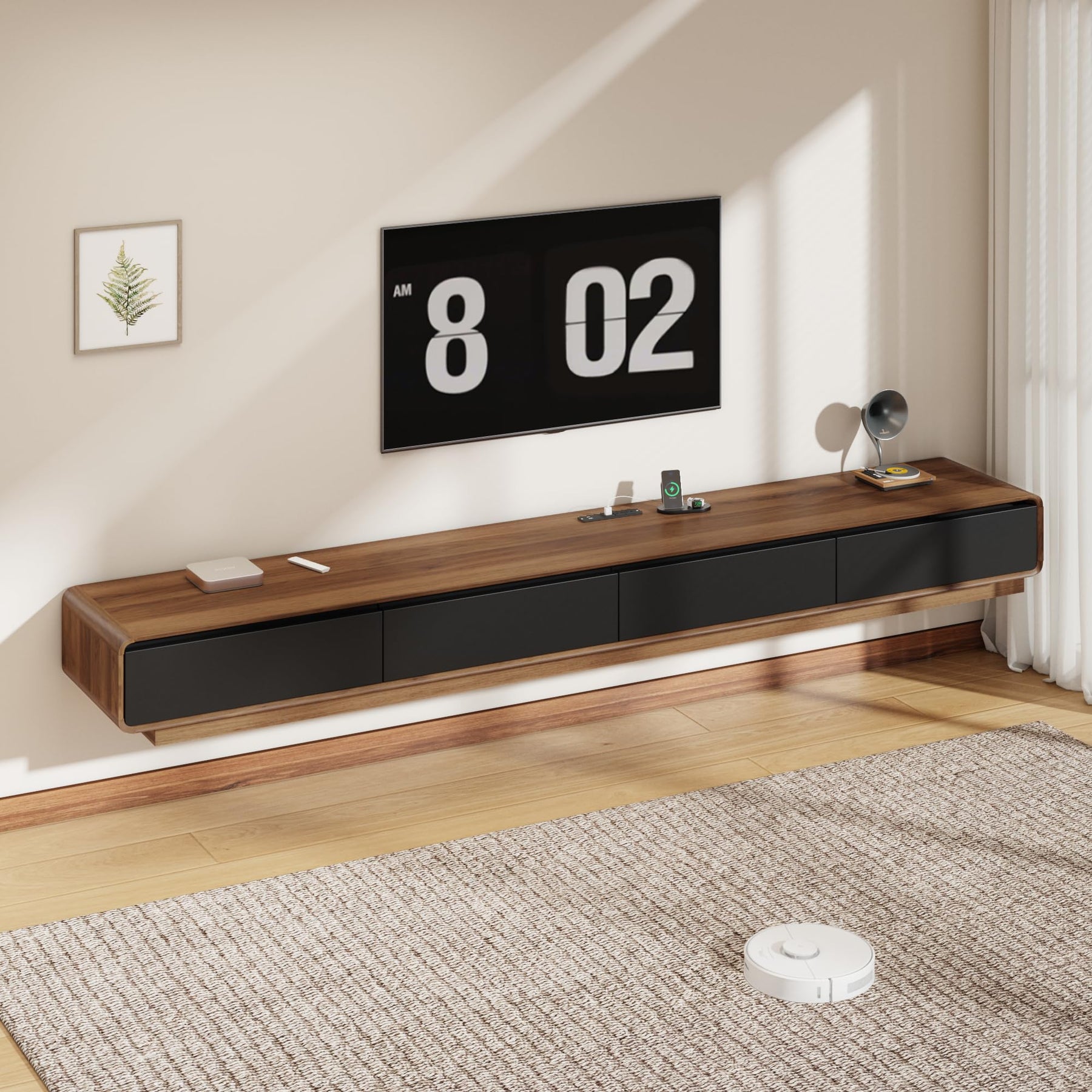 CayugaCrekrd 102.4'' Minimalist Floating TV Stand with Power Outlet, Modern Wall-Mounted Entertainment Center for TVs up to 100 Inches, Media Console with Rounded-Corner Design, Walnut and Black