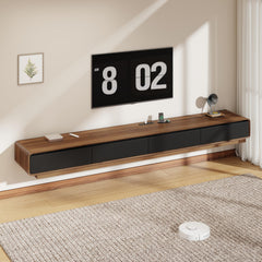 CayugaCrekrd 102.4'' Minimalist Floating TV Stand with Power Outlet, Modern Wall-Mounted Entertainment Center for TVs up to 100 Inches, Media Console with Rounded-Corner Design, Walnut and Black