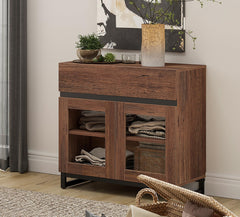 WAMPAT Modern TV Stand with Glass Doors for 80-120 inch TVs, 4 in 1 Entertainment Center Console with 4 Drawers and Metal Base for Living Room, Bedroom, Brown
