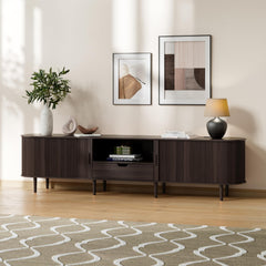 DHH 86.6" Fluted TV Stand with Power Outlet for TVs up to 90", TV Console with Adjustable Shelves and Sliding Door,Mid Century Modern Entertainment Center for Living Room,Bedroom (Walnut)