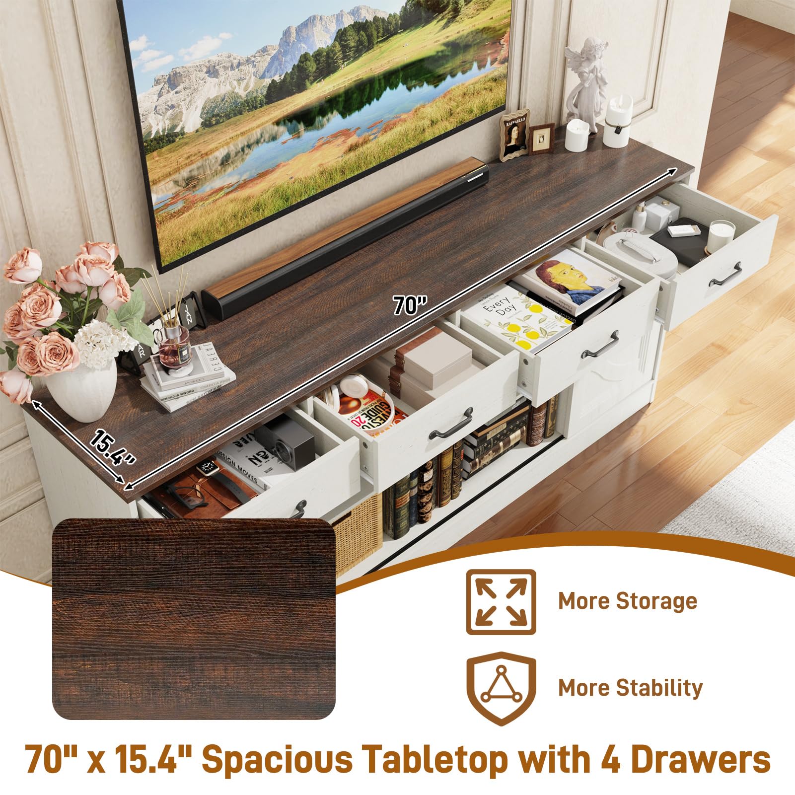 70" Large Farmhouse Tall TV Stand for 85/80/75/70 Inch TVs,4 Drawers,Brown
