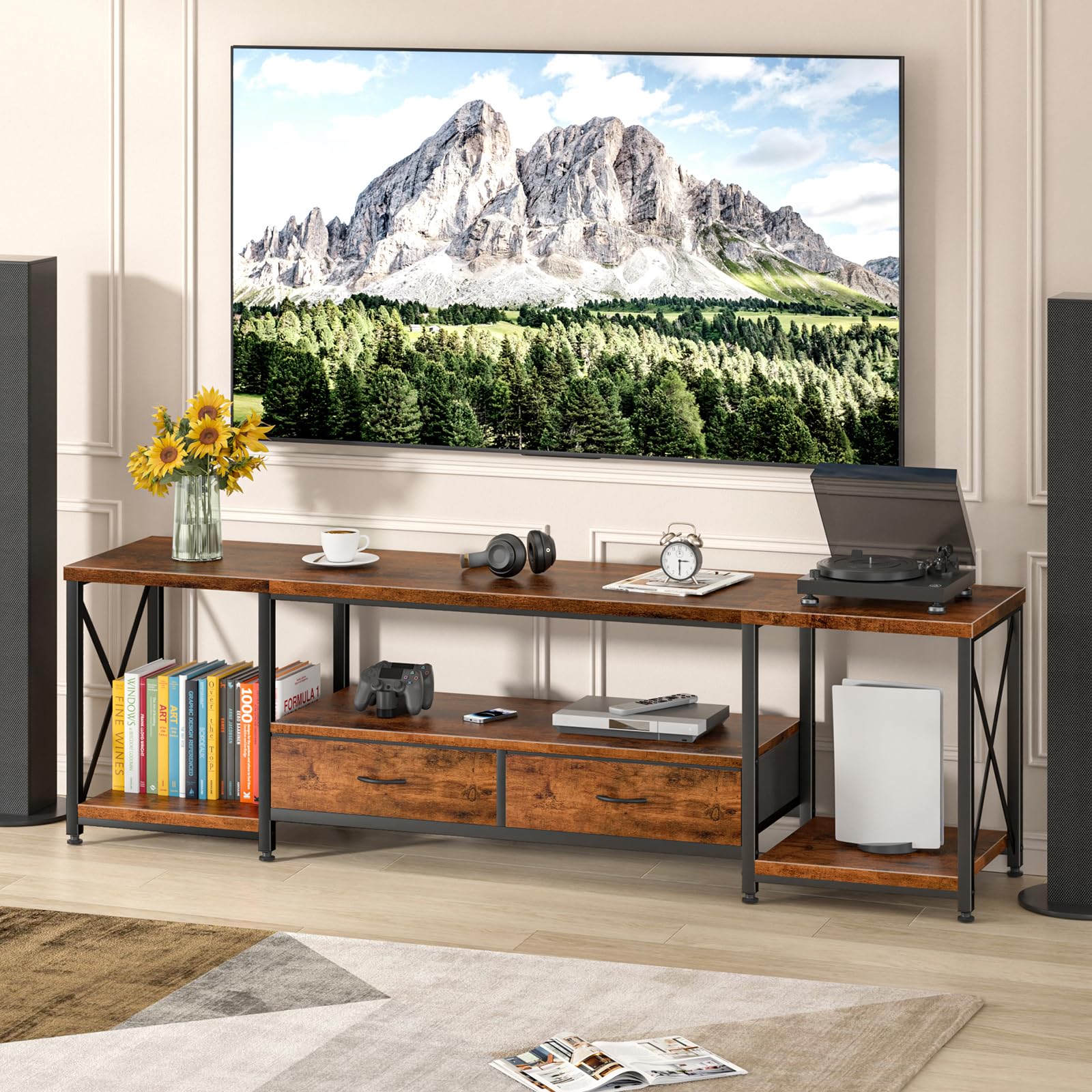 GYIIYUO TV Stand with Fabric Drawer - Entertainment Center and Industrial TV Console Table with Open Storage Shelves for Living Room, Bedroom - 55.1" Rustic Brown