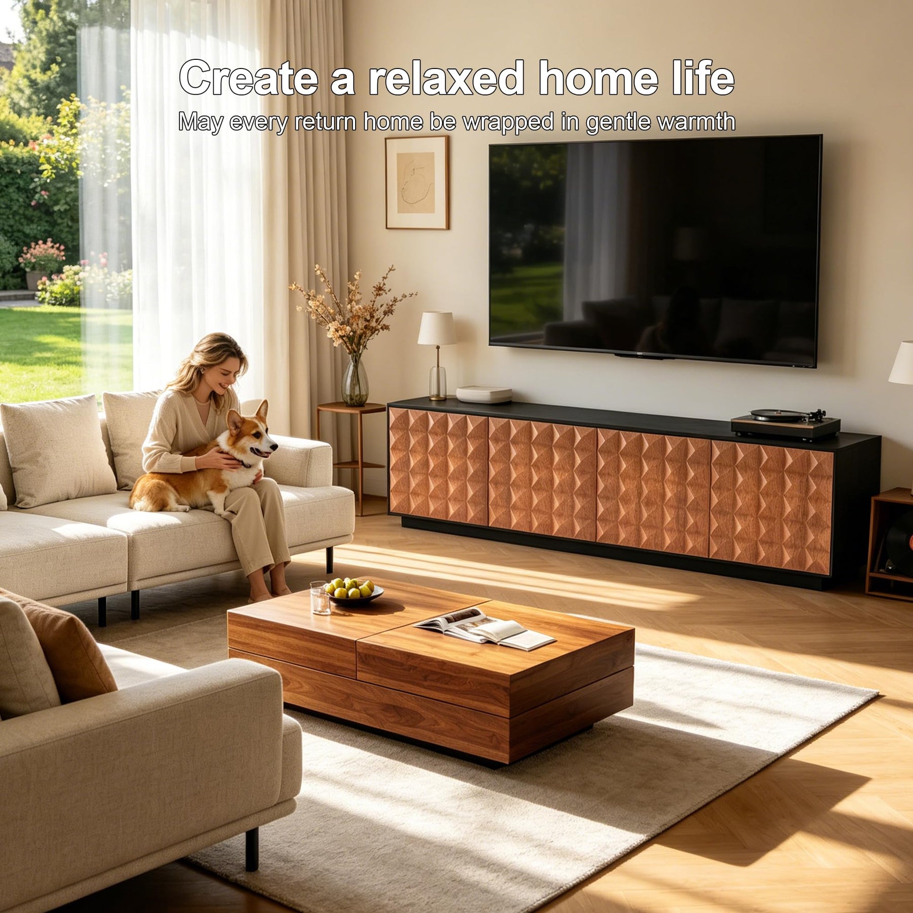 Upwivkre 85 Inch Mid-Century Modern TV Stand, Black Walnut Entertainment Center with Diamond Pattern Doors, Storage Cabinets & Media Console for Living Room