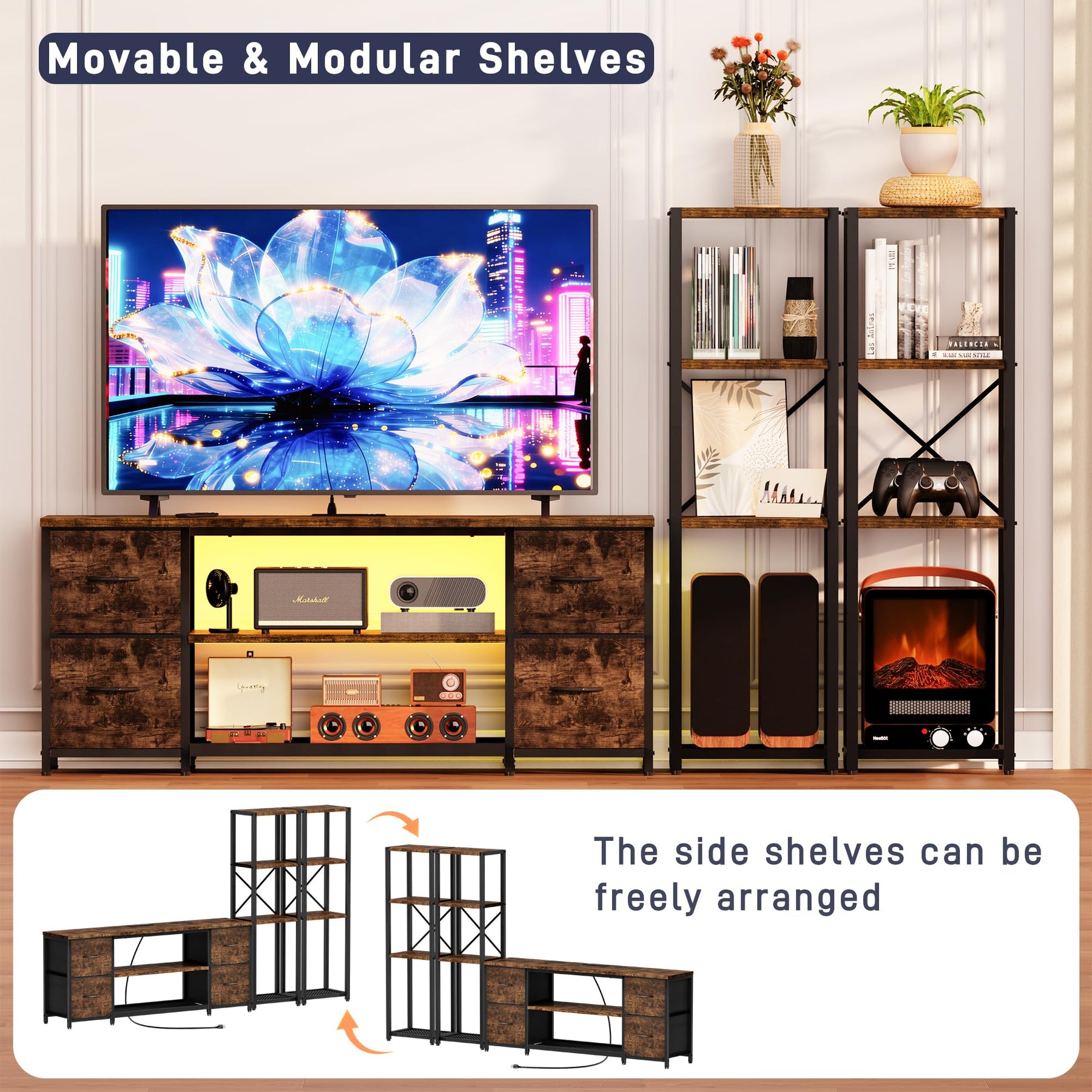 LED TV Stand Entertainment Center Bookshelf Combo with Charging Station