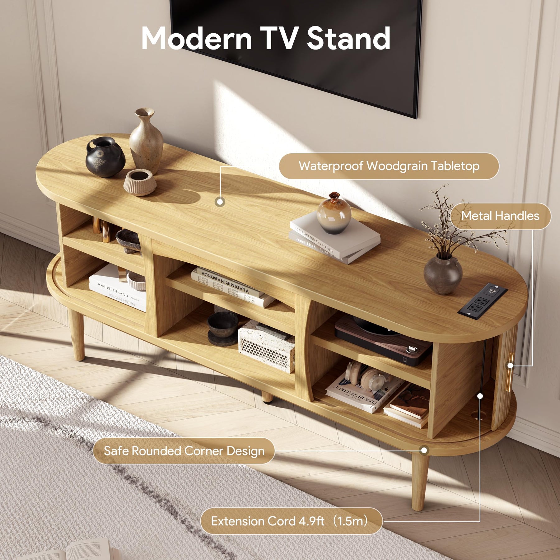 Decofy Mid Century TV Stand for TVs up to 80 Inches, Entertainment Center with Storage, Power Outlet, Fluted Sliding Doors & Adjustable Shelves, Modern Media TV Console Table for Living Room (Walnut)