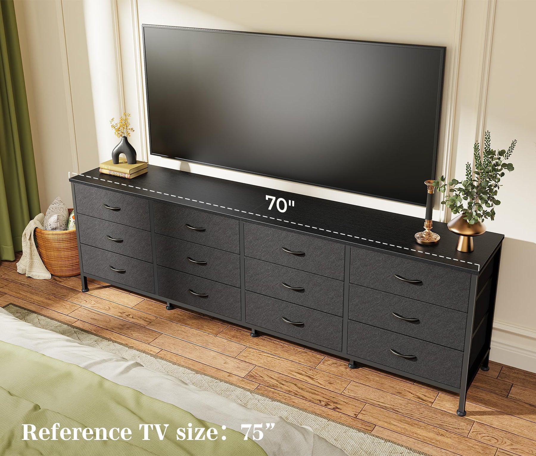 Huuger 70 Inch Dresser for Bedroom, TV Stand for 65, 75, 80 Inch TV, 12 Fabric Drawer Long Dresser, Large Entertainment Center for Bedroom, Wide Chest of Drawer with Storage, Rustic Brown