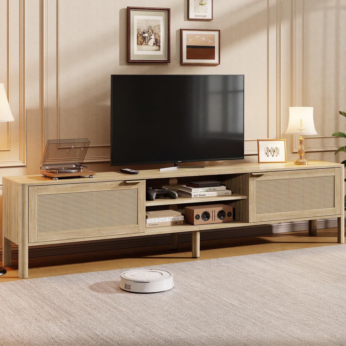 IKALIFE Rattan TV Stand for Living Room Oak 58"