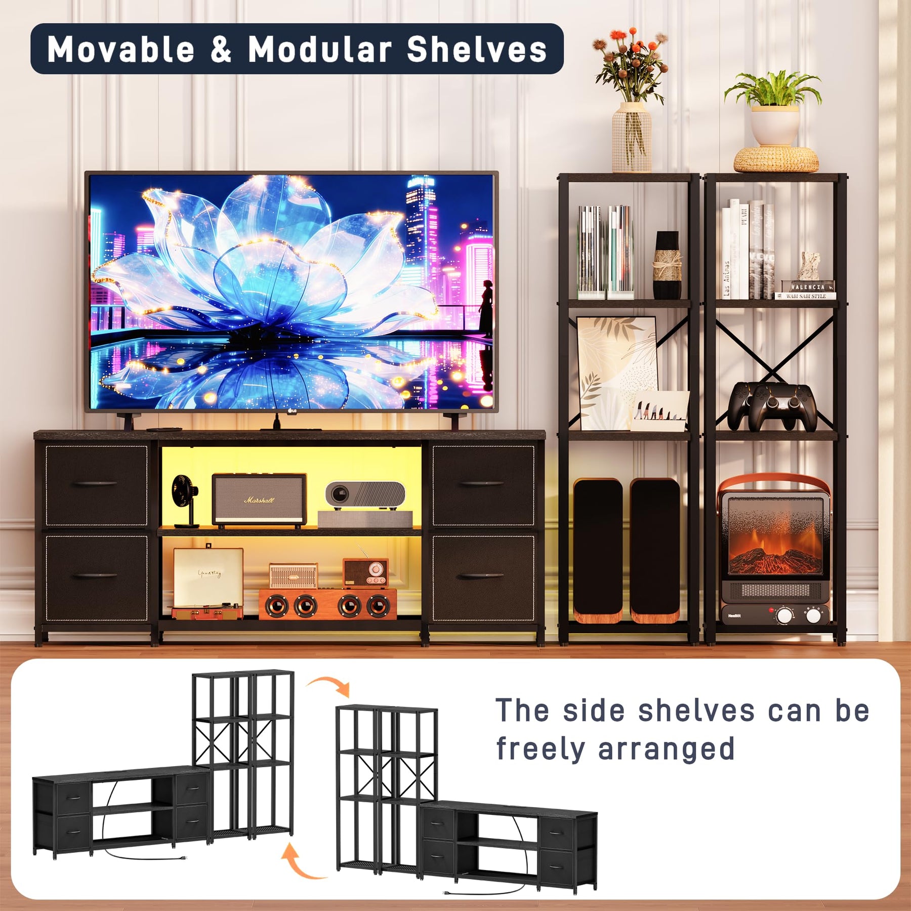 LED TV Stand Entertainment Center Bookshelf Combo with Charging Station
