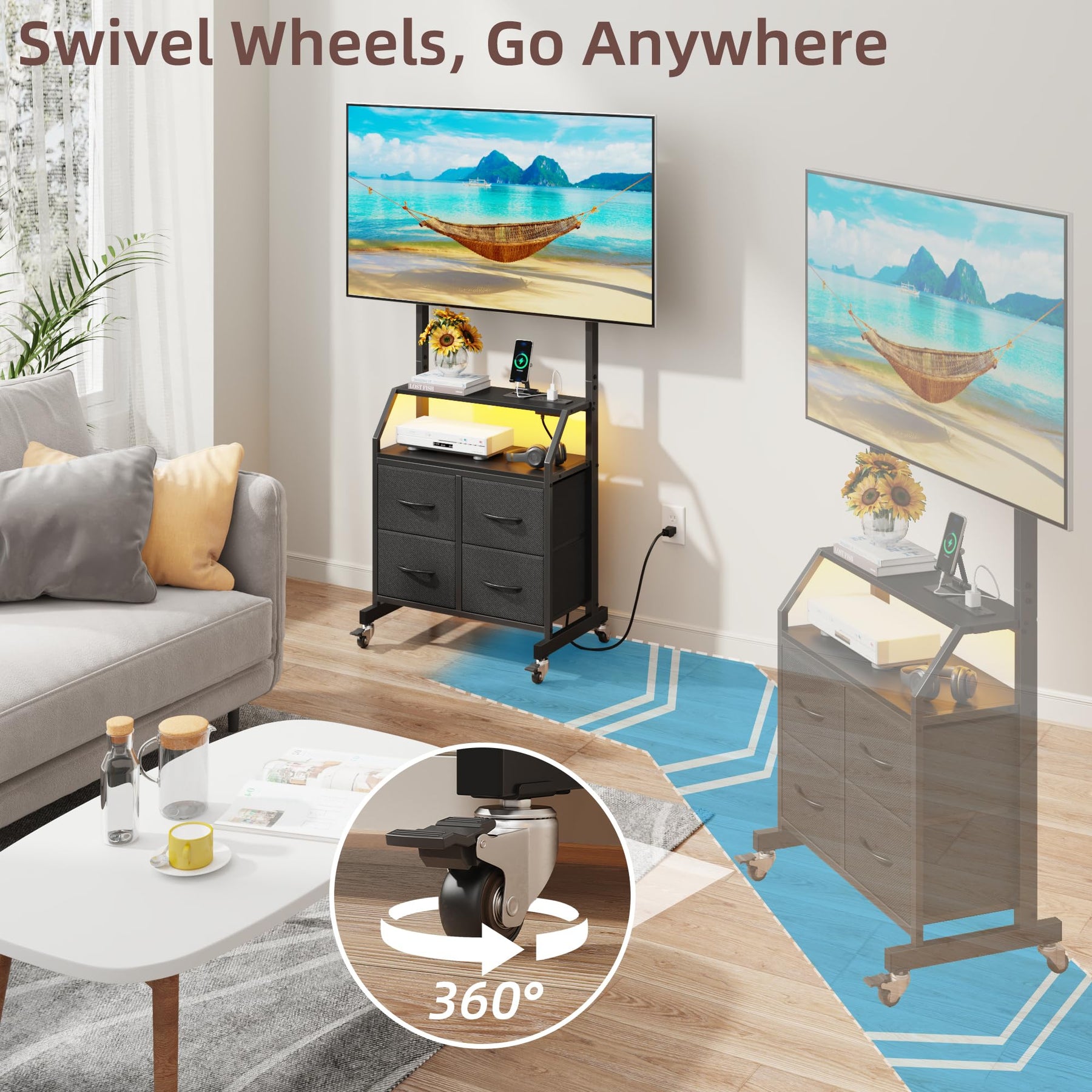GYIIYUO Rolling TV Stand with Mount & 4 Fabric Drawers for 32-75 inch TVs