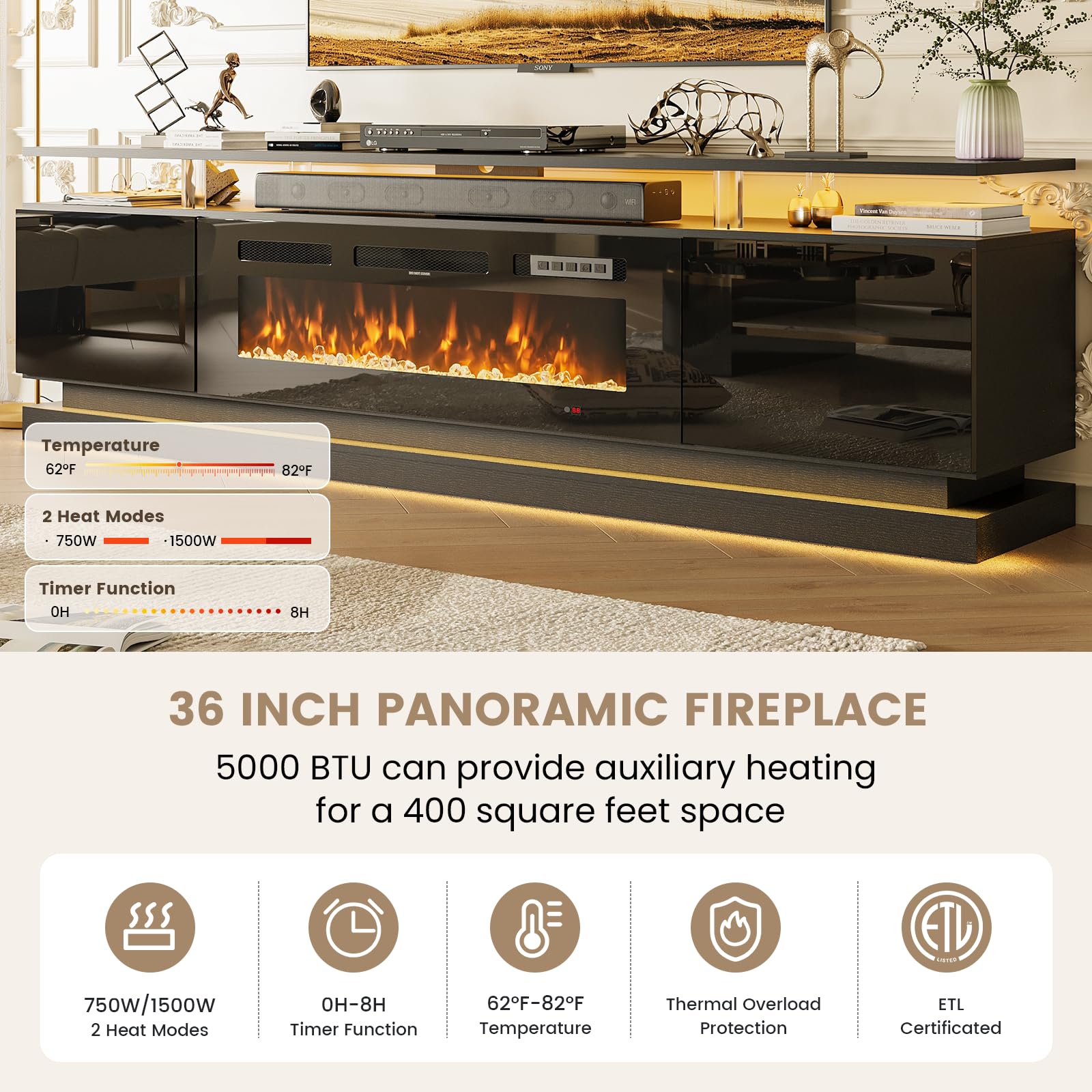 Nordivale 70" Fireplace TV Stand, Modern Entertainment Center for TVs Up to 80”, TV Console with Storage Cabinets, Media Console for Living Room, Black TV Stand and Black Fireplace
